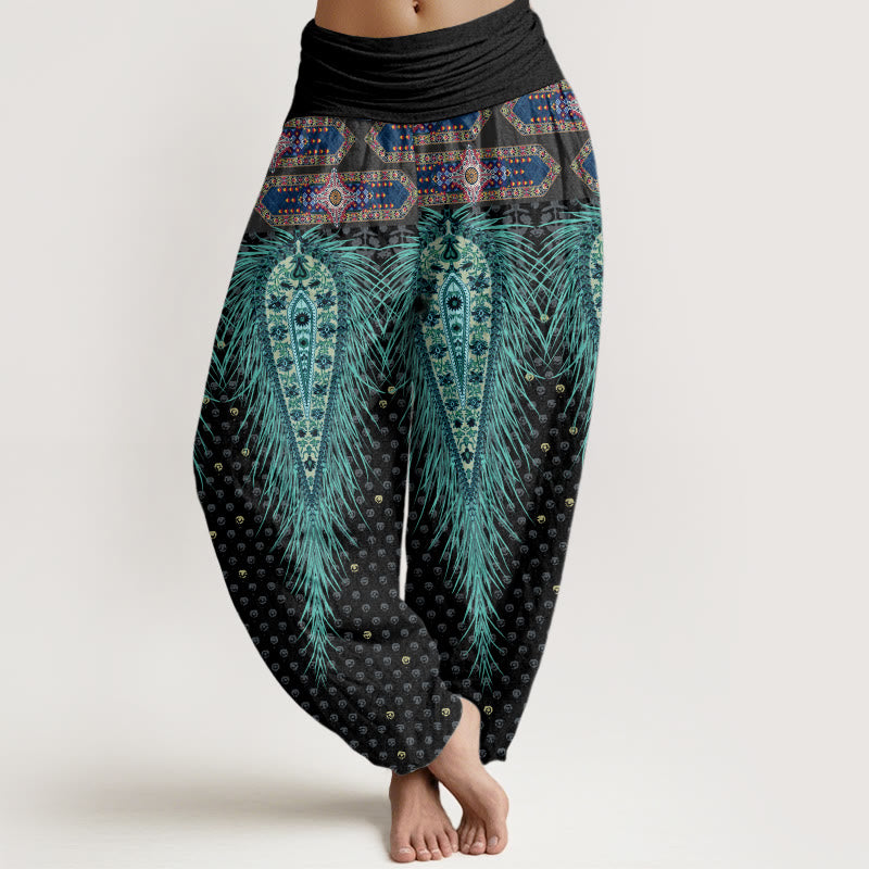 Pantalon sarouel à taille élastique pour femme, motif plumes d'inspiration bohème, Buddha Stones - Noir - US22，UK/AU26，EU54 (6XL) - image 1