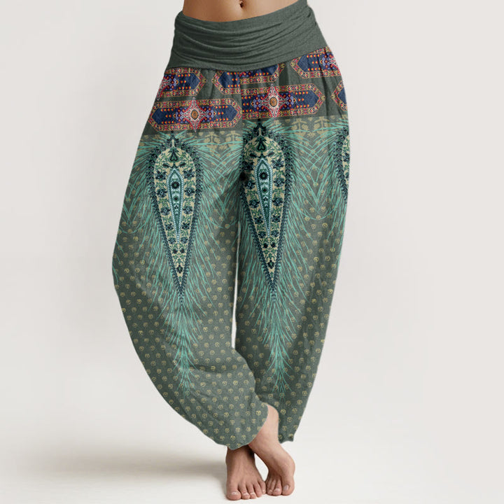 Pantalon sarouel à taille élastique pour femme, motif plumes d'inspiration bohème, Buddha Stones - Vert foncé - US22，UK/AU26，EU54 (6XL) - image 5