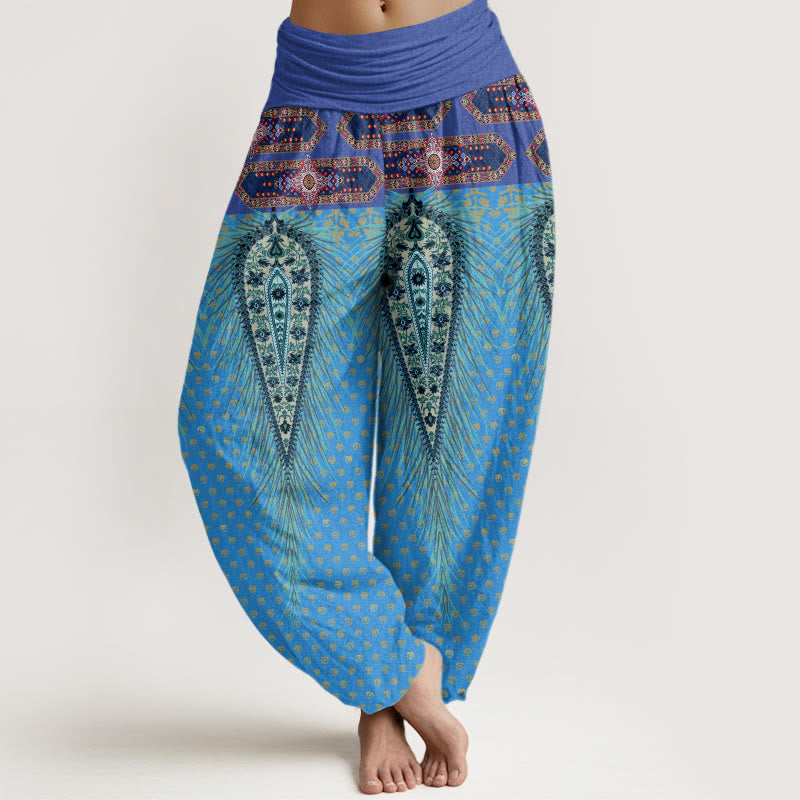 Pantalon sarouel à taille élastique pour femme, motif plumes d'inspiration bohème, Buddha Stones - DodgerBlue - US22，UK/AU26，EU54 (6XL) - image 8