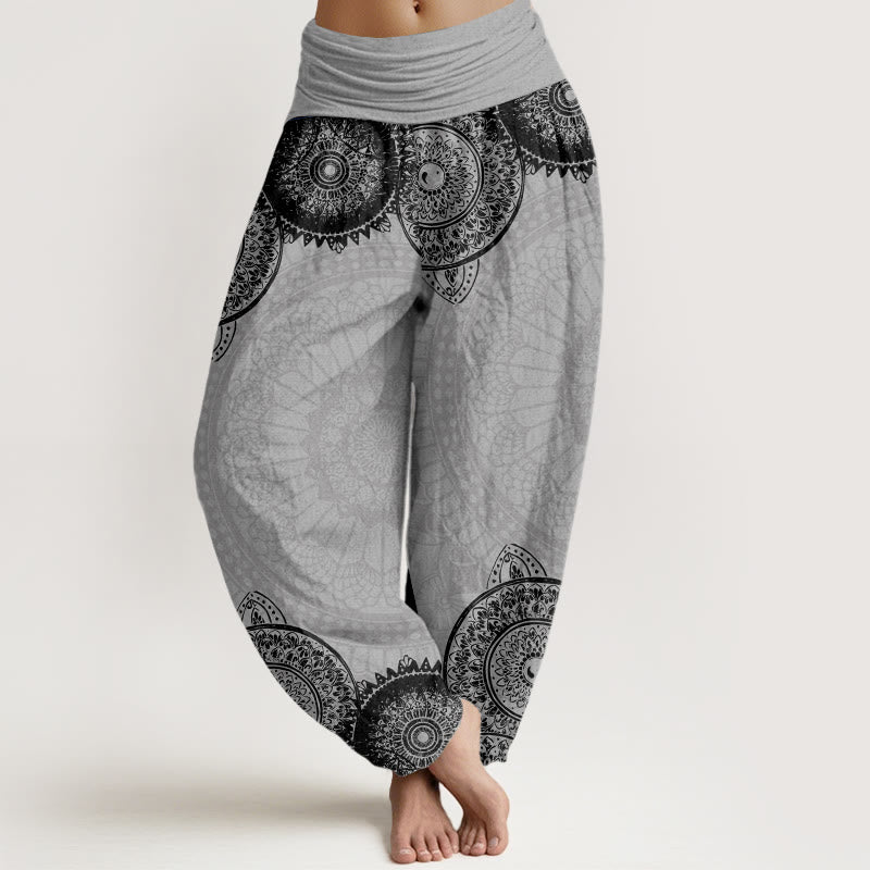 Pantalon harem à taille élastique pour femme, en coton, motif mandala circulaire et Buddha Stones - Gris clair - US22，UK/AU26，EU54 (6XL) - image 7