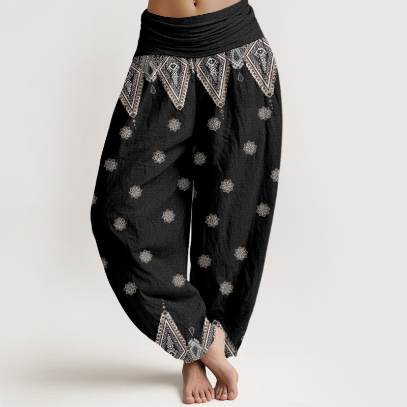 Pantalon sarouel taille élastique pour femme, motif bohème géométrique et floral, motif Buddha Stones - Noir - US22，UK/AU26，EU54 (6XL) - image 0