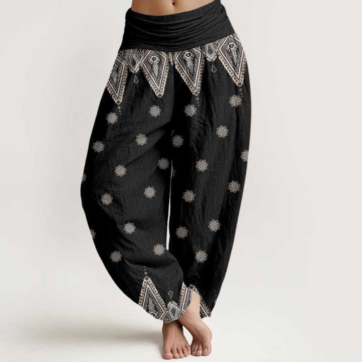 Pantalon sarouel taille élastique pour femme, motif bohème géométrique et floral, motif Buddha Stones - Noir - US22，UK/AU26，EU54 (6XL) - image 0