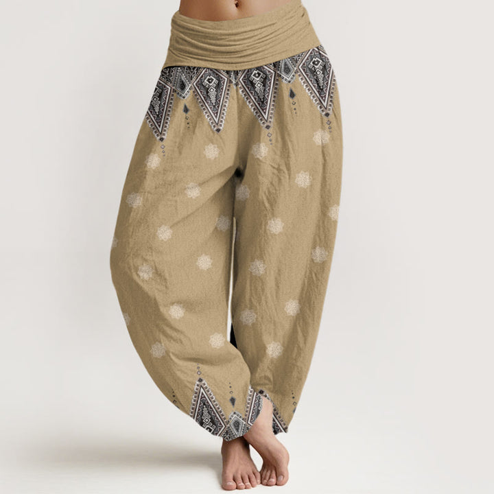 Pantalon sarouel taille élastique pour femme, motif bohème géométrique et floral, motif Buddha Stones - Jaune d'or pâle - US22，UK/AU26，EU54 (6XL) - image 4