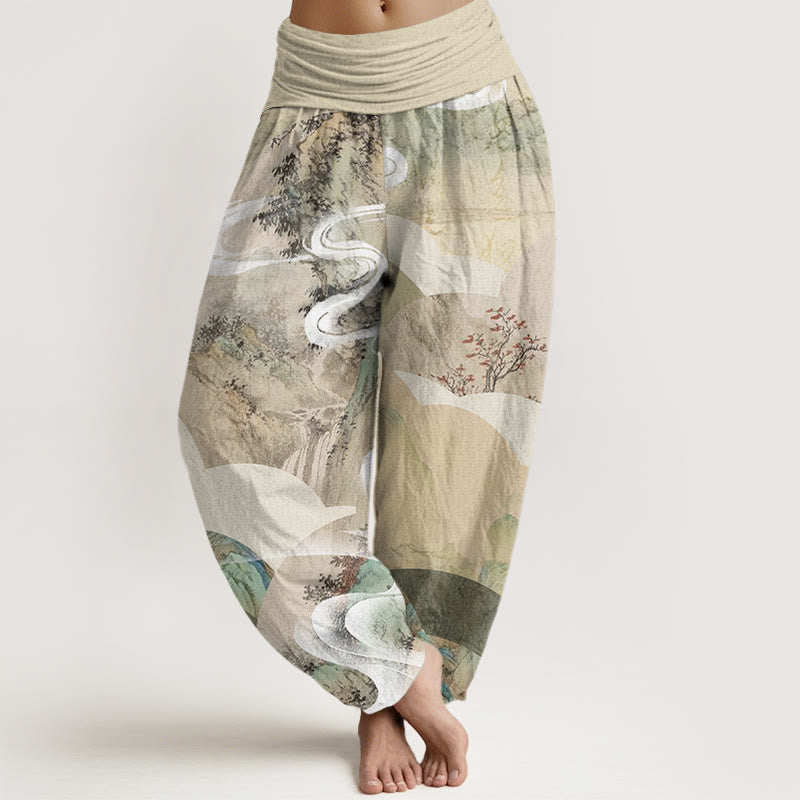 Pantalon harem à taille élastique pour femme, en coton, motif paysage chinois ( Buddha Stones, montagnes, rivières, brume). - Beige - US22，UK/AU26，EU54 (6XL) - image 0