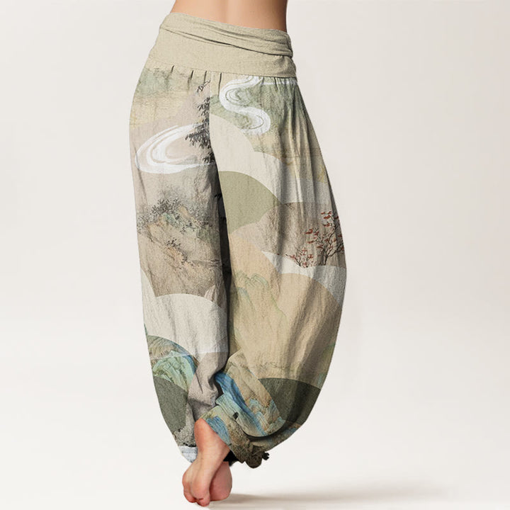 Pantalon harem à taille élastique pour femme, en coton, motif paysage chinois ( Buddha Stones, montagnes, rivières, brume). - image 1