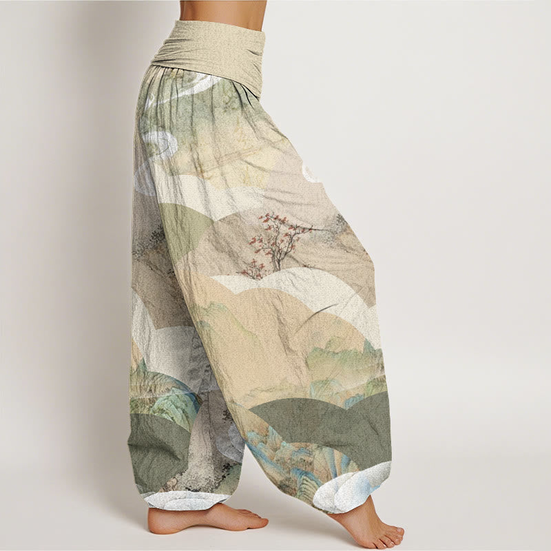 Pantalon harem à taille élastique pour femme, en coton, motif paysage chinois ( Buddha Stones, montagnes, rivières, brume). - image 2