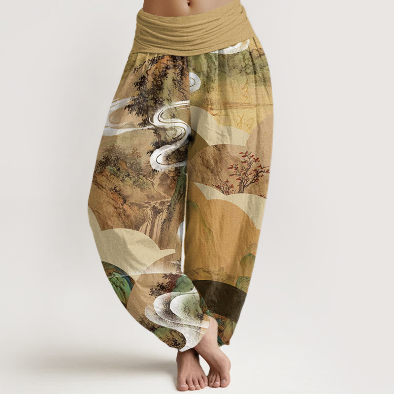 Pantalon harem à taille élastique pour femme, en coton, motif paysage chinois ( Buddha Stones, montagnes, rivières, brume). - Kaki - US22，UK/AU26，EU54 (6XL) - image 4