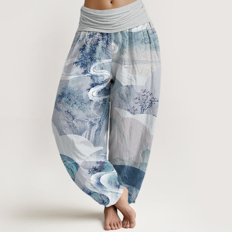 Pantalon harem à taille élastique pour femme, en coton, motif paysage chinois ( Buddha Stones, montagnes, rivières, brume). - Azuré - US22，UK/AU26，EU54 (6XL) - image 7