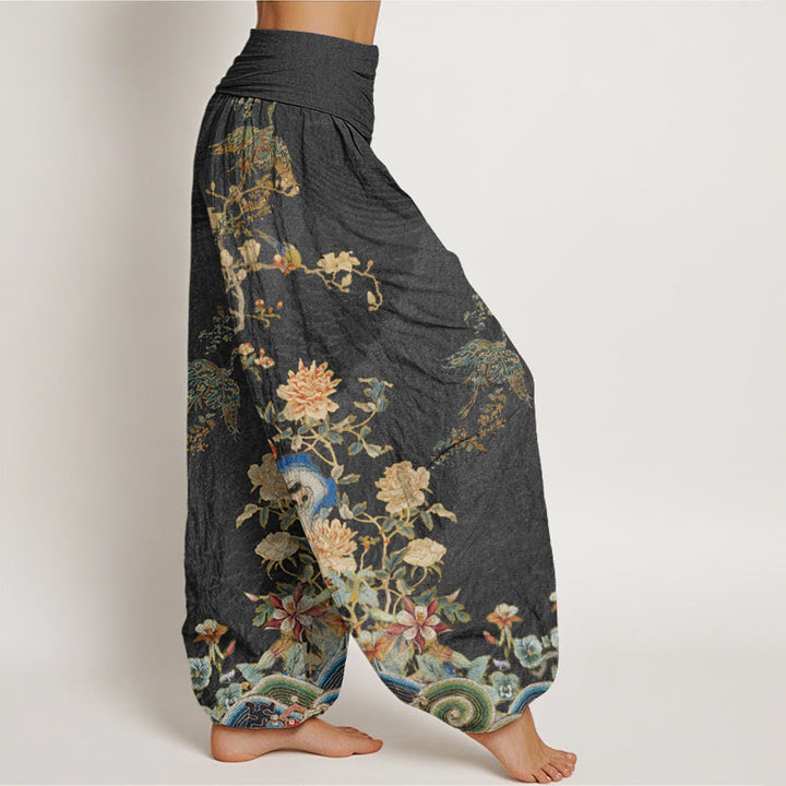 Pantalon sarouel à taille élastique pour femme, Buddha Stones , paons et fleurs jaunes - image 3