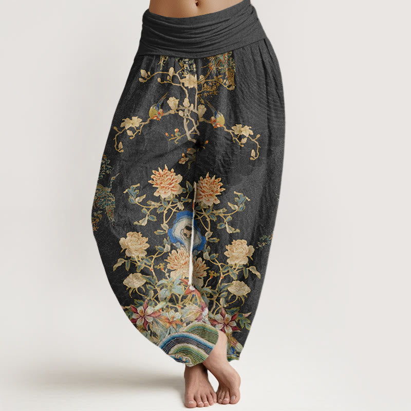 Pantalon sarouel à taille élastique pour femme, Buddha Stones , paons et fleurs jaunes - Noir - US22，UK/AU26，EU54 (6XL) - image 1
