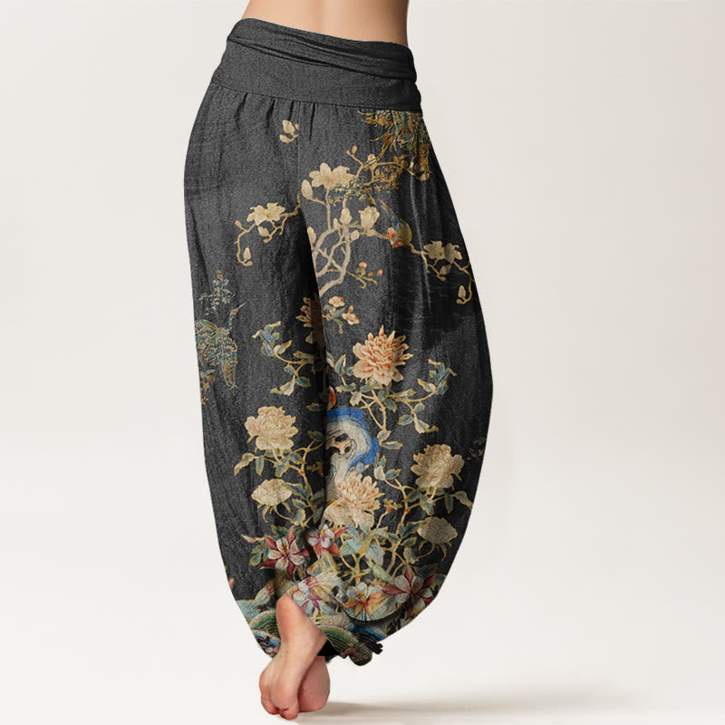 Pantalon sarouel à taille élastique pour femme, Buddha Stones , paons et fleurs jaunes - image 2