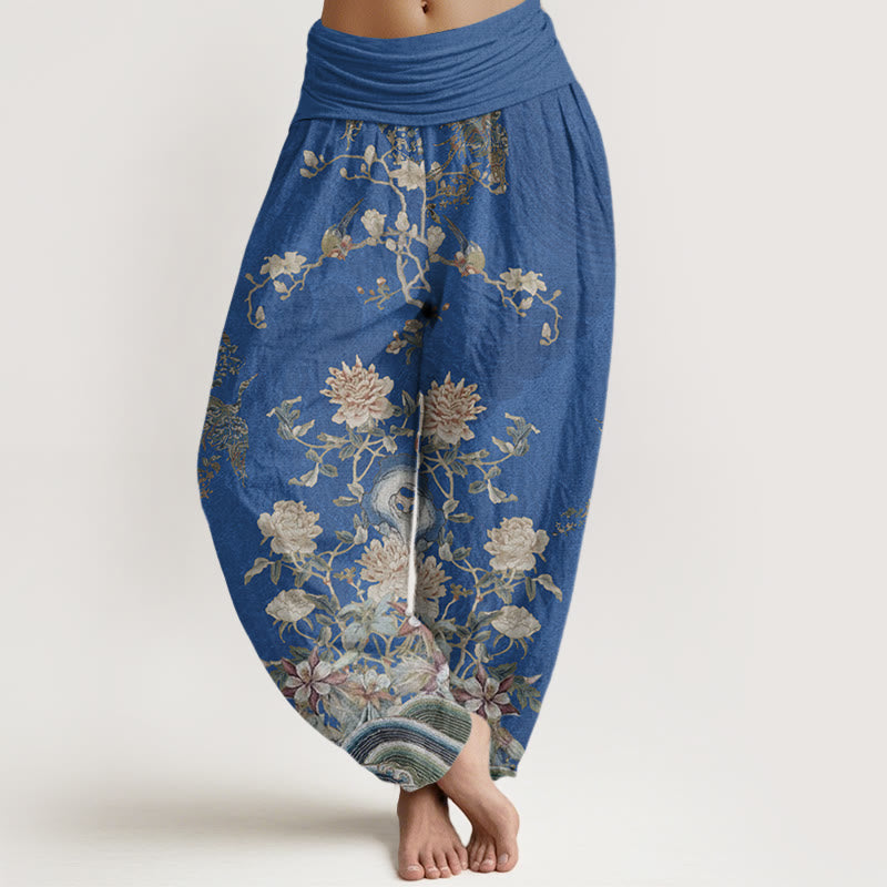 Pantalon sarouel à taille élastique pour femme, Buddha Stones , paons et fleurs jaunes - Bleu royal - US22，UK/AU26，EU54 (6XL) - image 5