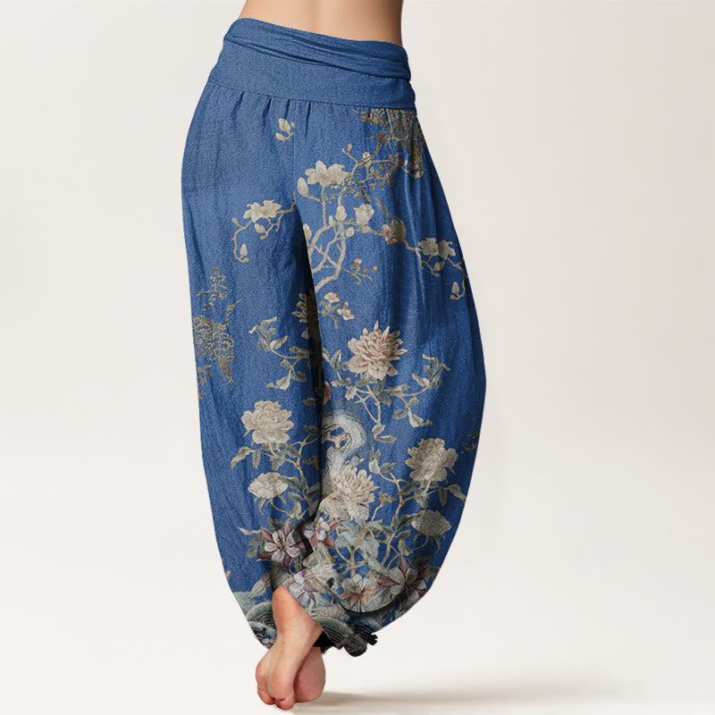 Pantalon sarouel à taille élastique pour femme, Buddha Stones , paons et fleurs jaunes - image 6