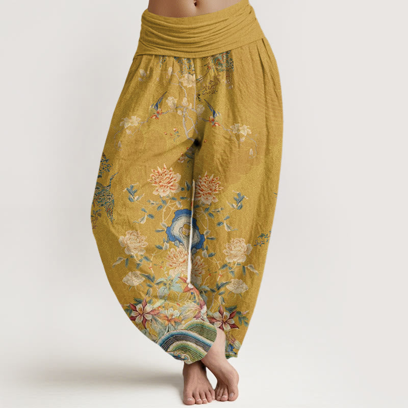 Pantalon sarouel à taille élastique pour femme, Buddha Stones , paons et fleurs jaunes - Kaki - US22，UK/AU26，EU54 (6XL) - image 8