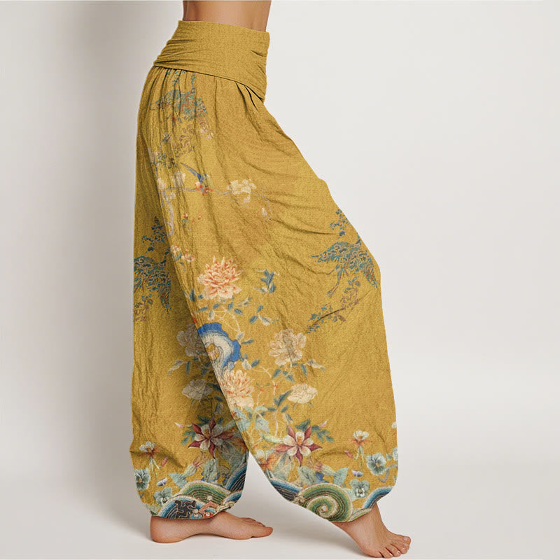 Pantalon sarouel à taille élastique pour femme, Buddha Stones , paons et fleurs jaunes - image 10