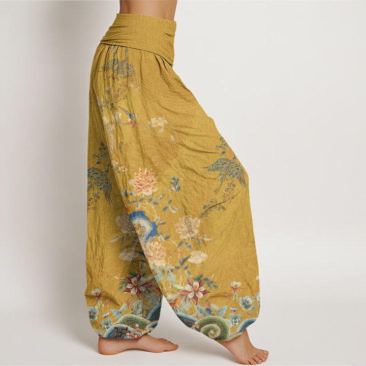 Pantalon sarouel à taille élastique pour femme, Buddha Stones , paons et fleurs jaunes - image 10