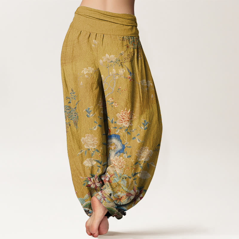 Pantalon sarouel à taille élastique pour femme, Buddha Stones , paons et fleurs jaunes - image 9