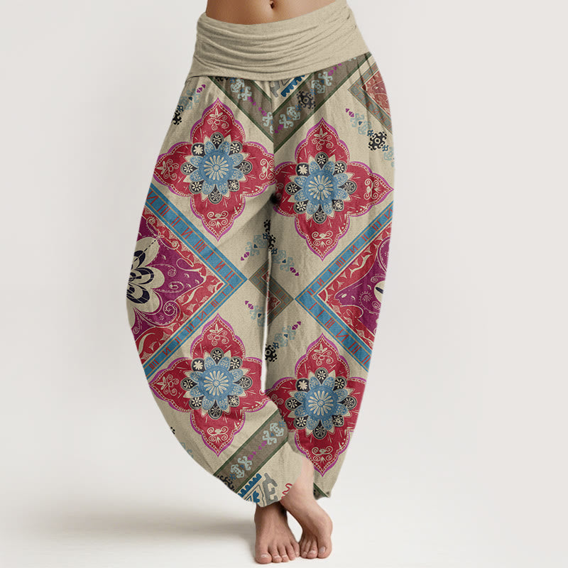 Pantalon sarouel à taille élastique pour femme, motif floral géométrique en forme de losange, Buddha Stones - Beige - US22，UK/AU26，EU54 (6XL) - image 1
