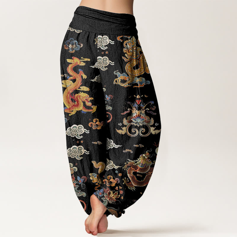 Pantalon harem à taille élastique pour femme, en coton, orné de Buddha Stones , de dragons dorés et de nuages ​​porte-bonheur - image 2