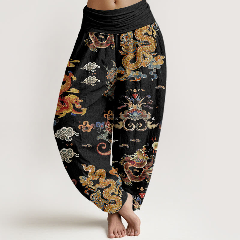Pantalon harem à taille élastique pour femme, en coton, orné de Buddha Stones , de dragons dorés et de nuages ​​porte-bonheur - Noir - US22，UK/AU26，EU54 (6XL) - image 0