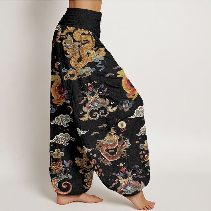 Pantalon sarouel à taille élastique pour femme, motif Buddha Stones, dragons dorés et nuages ​​de bon augure - image 2