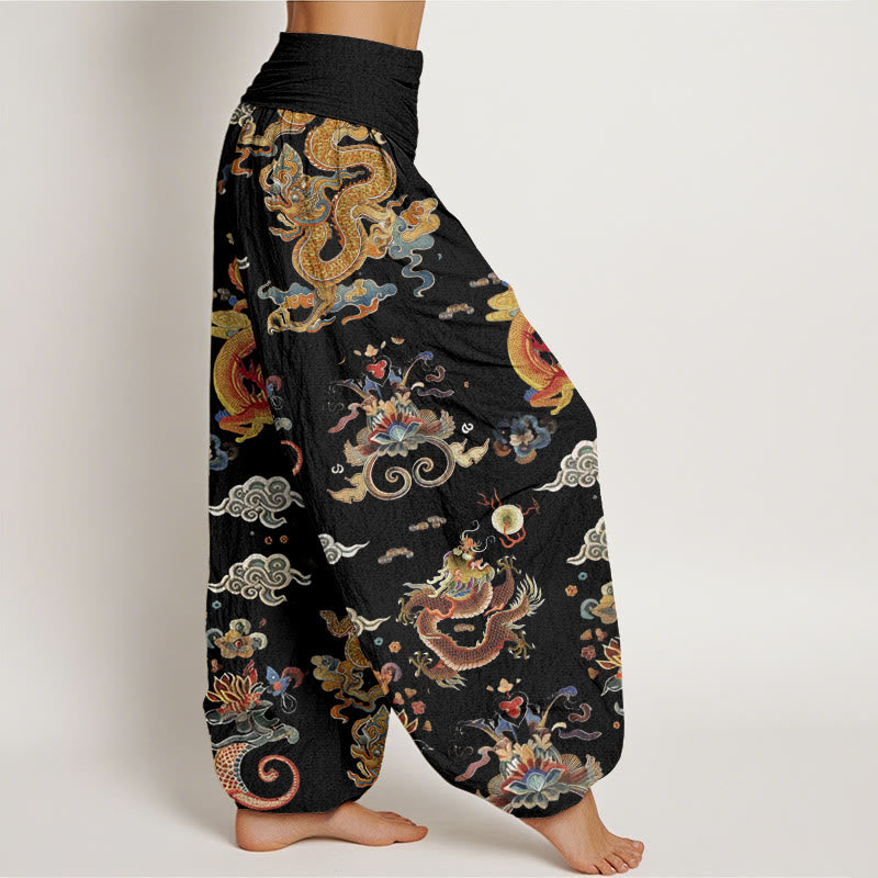 Pantalon harem à taille élastique pour femme, en coton, orné de Buddha Stones , de dragons dorés et de nuages ​​porte-bonheur - image 1