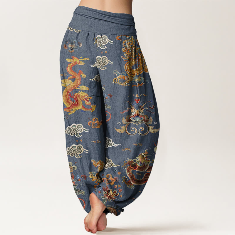 Pantalon sarouel à taille élastique pour femme, motif Buddha Stones, dragons dorés et nuages ​​de bon augure - image 6