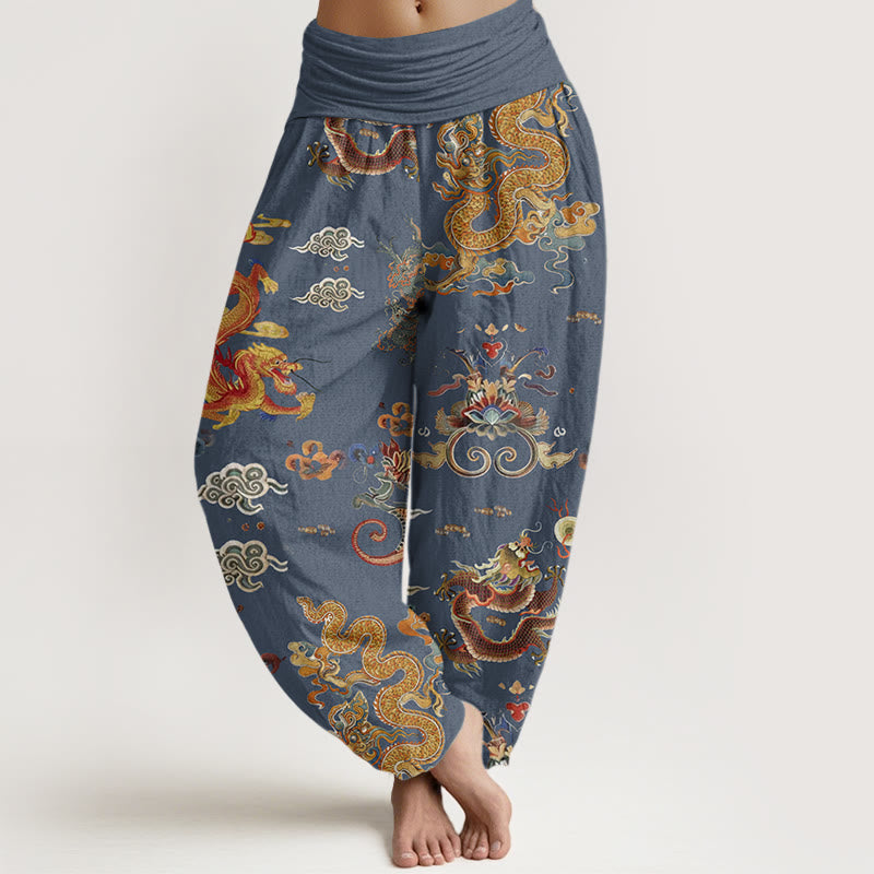 Pantalon sarouel à taille élastique pour femme, motif Buddha Stones, dragons dorés et nuages ​​de bon augure - Bleu acier - US22，UK/AU26，EU54 (6XL) - image 5