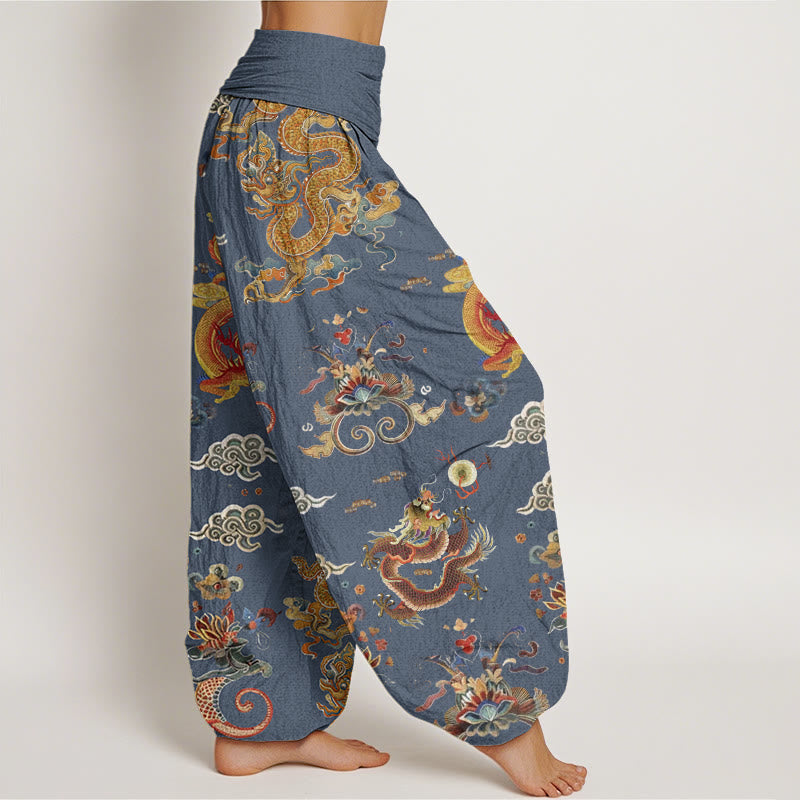 Pantalon sarouel à taille élastique pour femme, motif Buddha Stones, dragons dorés et nuages ​​de bon augure - image 7