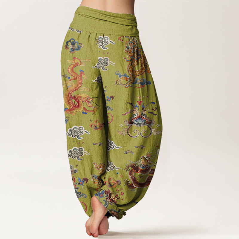 Pantalon sarouel à taille élastique pour femme, motif Buddha Stones, dragons dorés et nuages ​​de bon augure - image 9