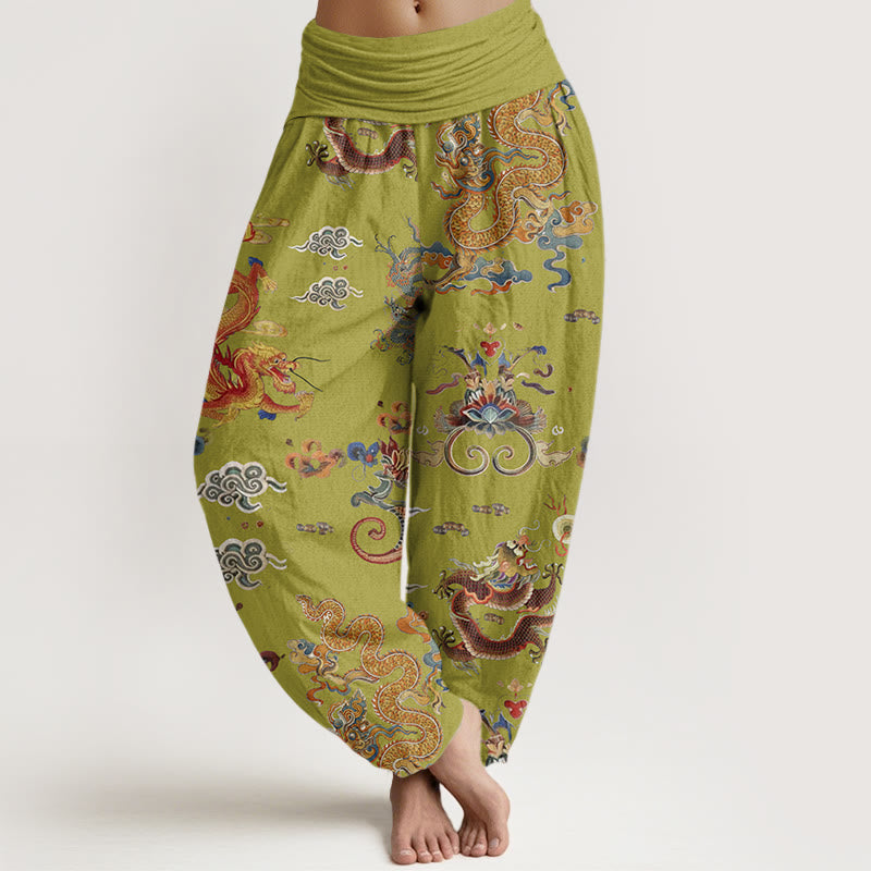 Pantalon sarouel à taille élastique pour femme, motif Buddha Stones, dragons dorés et nuages ​​de bon augure - JauneVert - US22，UK/AU26，EU54 (6XL) - image 8