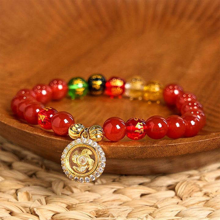 Bracelet d'acceptation de soi en zircone avec Buddha Stones , agate rouge, Om Mani Padme Hum, cinq directions, dieux de la richesse