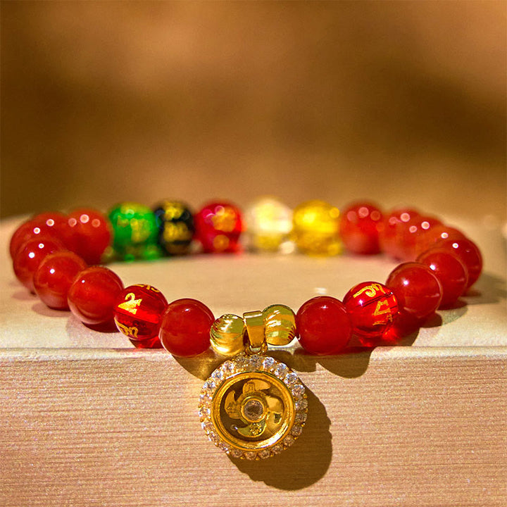 Bracelet d'acceptation de soi en zircone avec Buddha Stones , agate rouge, Om Mani Padme Hum, cinq directions, dieux de la richesse