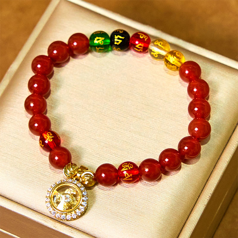 Bracelet d'acceptation de soi en zircone avec Buddha Stones , agate rouge, Om Mani Padme Hum, cinq directions, dieux de la richesse