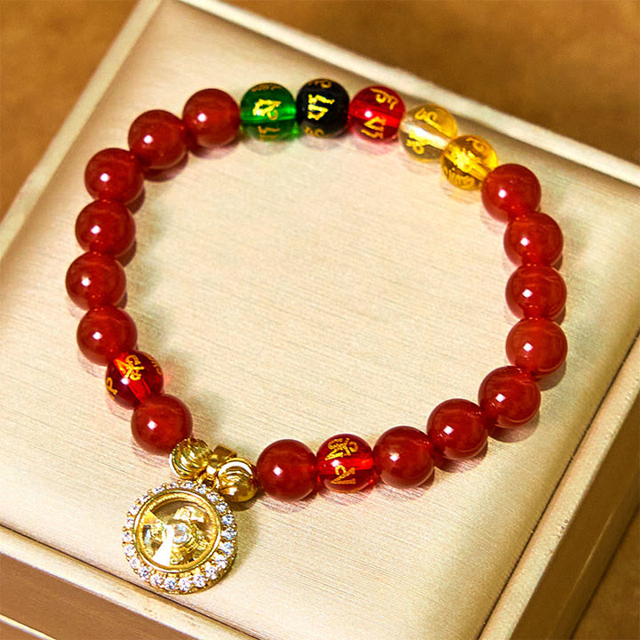 Bracelet d'acceptation de soi en zircone avec Buddha Stones , agate rouge, Om Mani Padme Hum, cinq directions, dieux de la richesse
