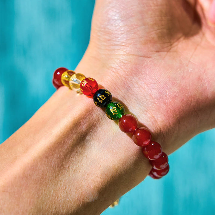 Bracelet d'acceptation de soi en zircone avec Buddha Stones , agate rouge, Om Mani Padme Hum, cinq directions, dieux de la richesse