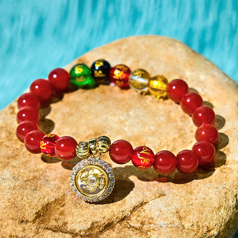 Bracelet d'acceptation de soi en zircone avec Buddha Stones , agate rouge, Om Mani Padme Hum, cinq directions, dieux de la richesse