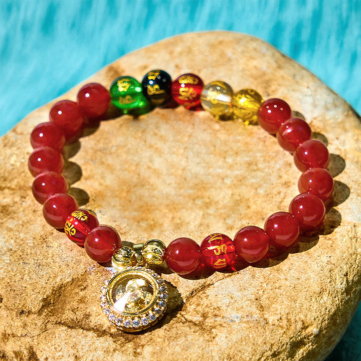 Bracelet d'acceptation de soi en zircone avec Buddha Stones , agate rouge, Om Mani Padme Hum, cinq directions, dieux de la richesse