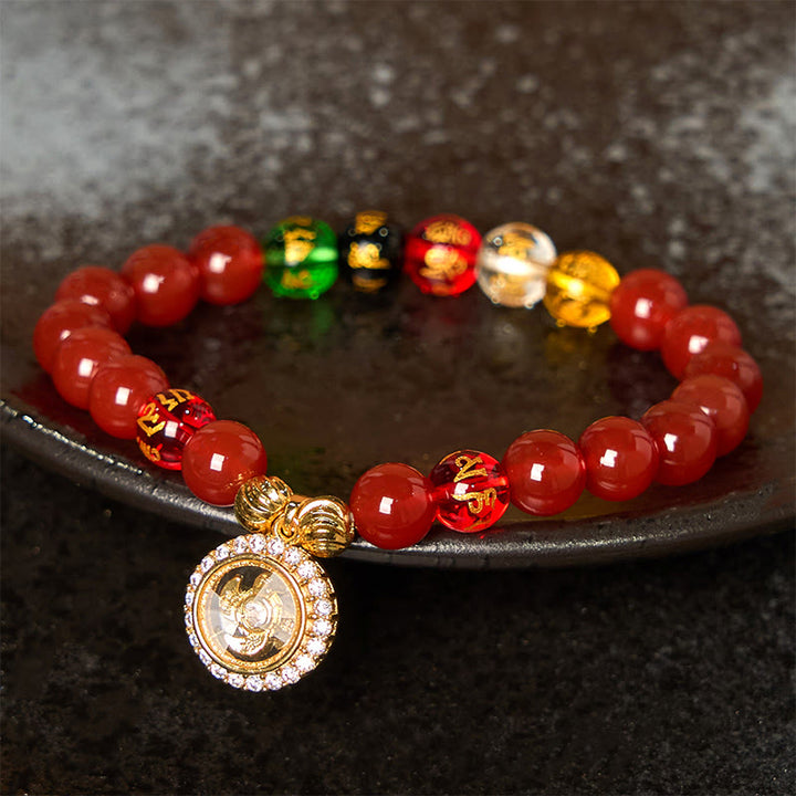 Bracelet d'acceptation de soi en zircone avec Buddha Stones , agate rouge, Om Mani Padme Hum, cinq directions, dieux de la richesse