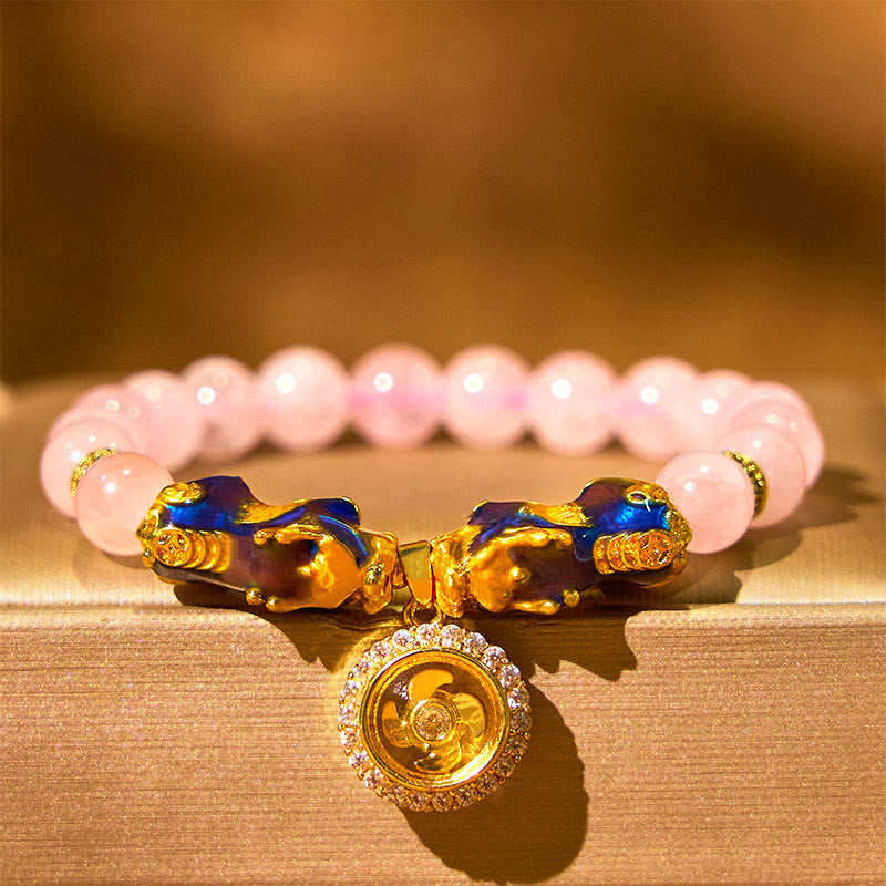 Bracelet de charme double PiXiu Cyclone en cristal rose changeant de couleur Buddha Stones