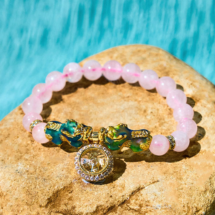 Bracelet de charme double PiXiu Cyclone en cristal rose changeant de couleur Buddha Stones