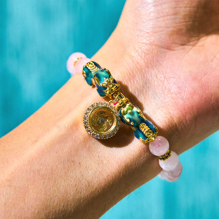 Bracelet de charme double PiXiu Cyclone en cristal rose changeant de couleur Buddha Stones