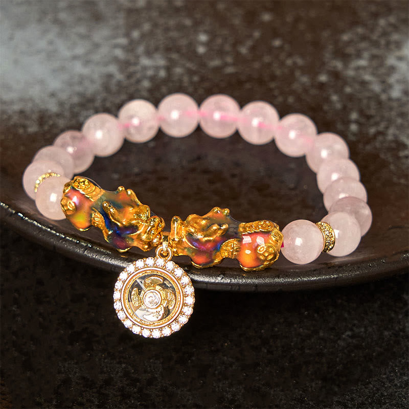 Bracelet de charme double PiXiu Cyclone en cristal rose changeant de couleur Buddha Stones