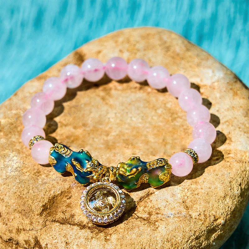 Bracelet de charme double PiXiu Cyclone en cristal rose changeant de couleur Buddha Stones
