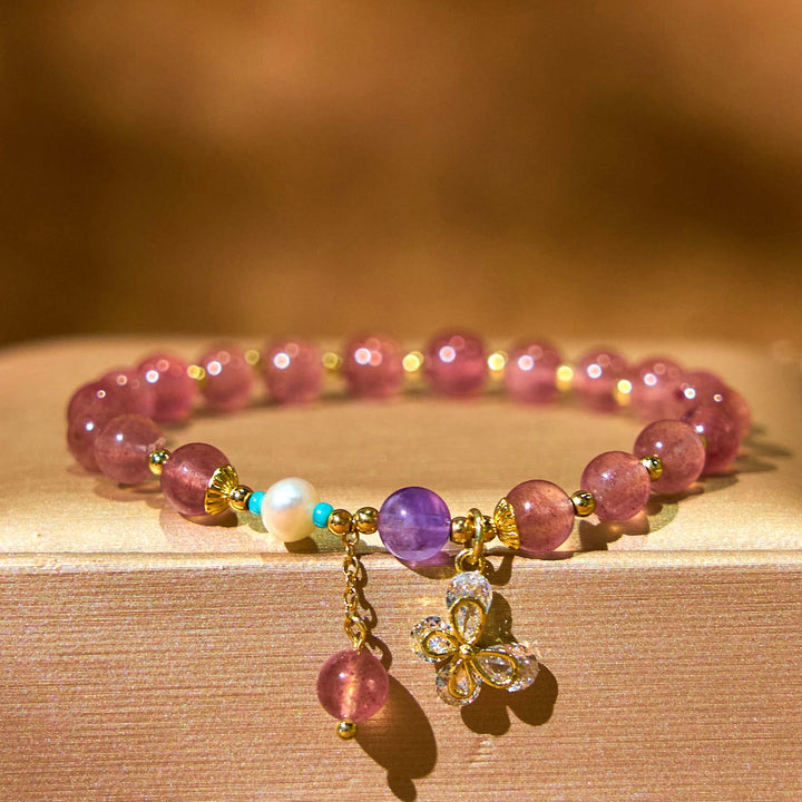 Bracelet d'amour avec breloque papillon en quartz fraise vert et quartz fraise naturel Buddha Stones