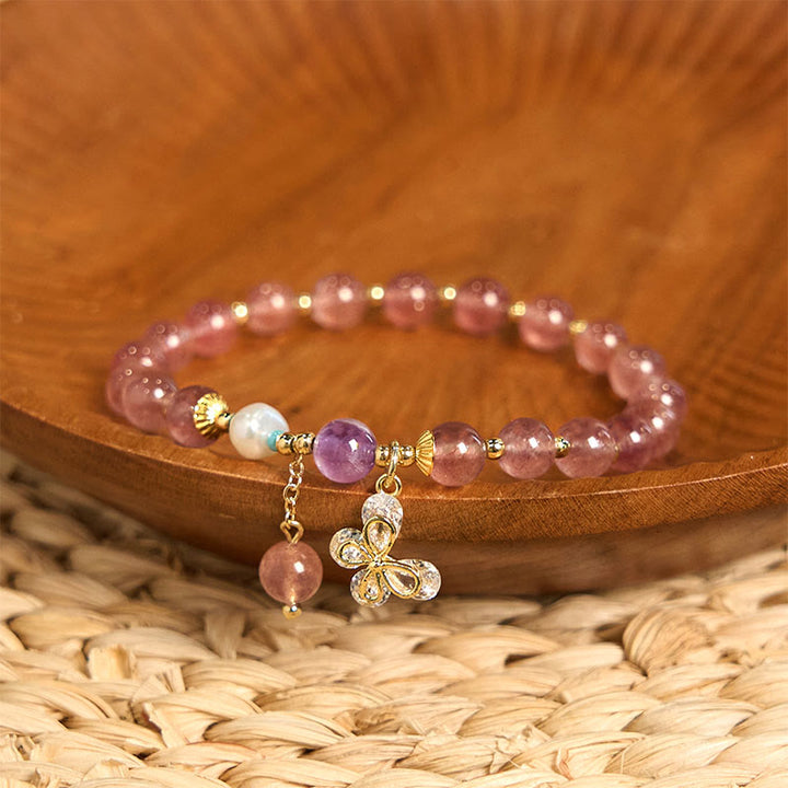 Bracelet d'amour avec breloque papillon en quartz fraise vert et quartz fraise naturel Buddha Stones