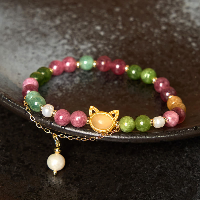Bracelet porte-bonheur en tourmaline colorée avec Buddha Stones et chat positif - Chat porte-bonheur en tourmaline (tour de poignet : 14-16 cm) - image 1