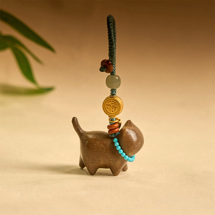 Porte-clés Buddha Stones Hetian Jade Bois de santal naturel Bois de santal rouge Bois de santal vert Caractère Fu Abondance