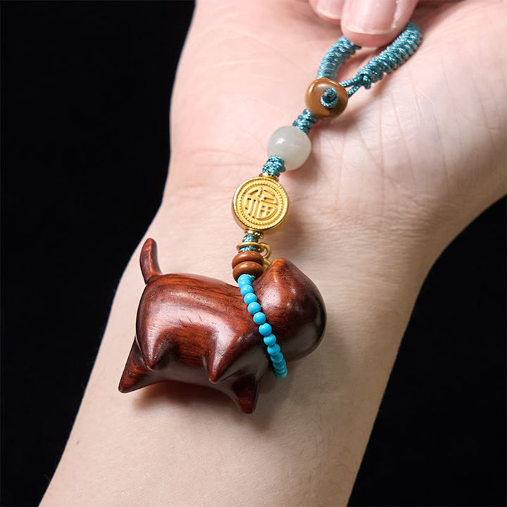 Porte-clés Buddha Stones Hetian Jade Bois de santal naturel Bois de santal rouge Bois de santal vert Caractère Fu Abondance