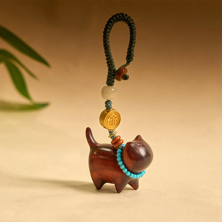 Porte-clés Buddha Stones Hetian Jade Bois de santal naturel Bois de santal rouge Bois de santal vert Caractère Fu Abondance